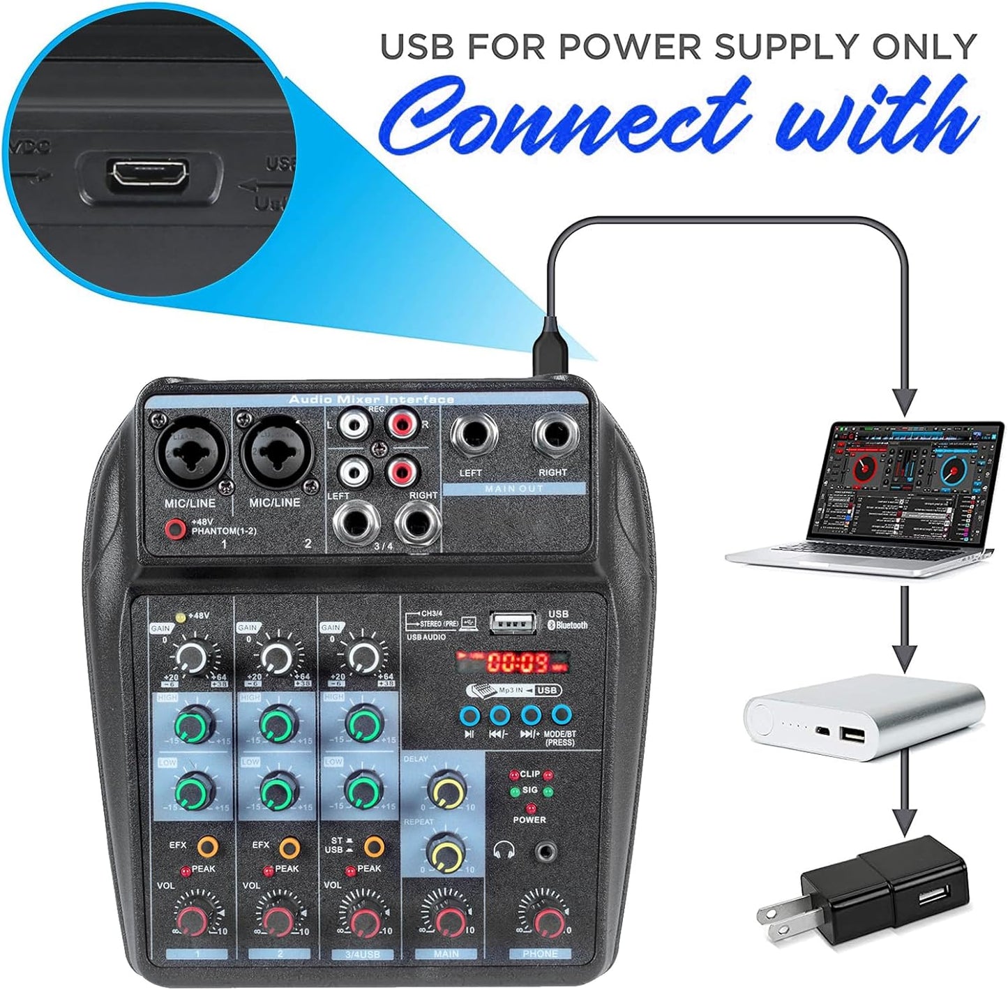 Dj Mixers 4 Channel Audio Mixer Sound Board with Bluetooth, Portable Usb Audio Interface with 48V Phantom Power Small Sounds Mixer Board with FX Delay Effect for Streaming