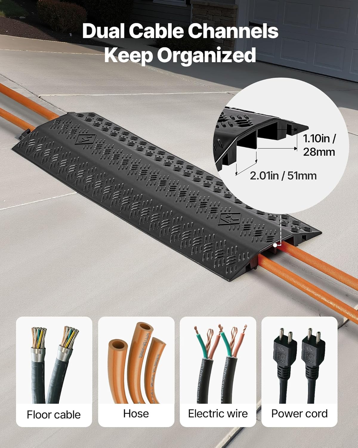 VEVOR 3 Pack Drop Over Cable Cover, 2 Channel Heavy Duty Cable Hose Protector Ramp, 38.3'' Floor Cord Cover, 17,500 lbs/Axle Load Capacity, for Traffic Areas, Indoor, Outdoor, Home, Office, Warehouse