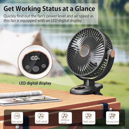 iNeibo 10000mAh Portable Clip on Fan, 90° Oscillating Fan, 8 Inch Rechargeable Battery Operated Desk Fan, Strong Airflow, 5 Speeds, Sturdy Clamp for Golf Cart Home Office Outdoor Travel (Black)