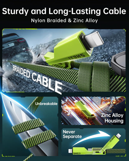 SHEZI [Upgraded 2.0] 4-in-1 USB C Cable 60W 10FT Fast Charging [480Mbps Data Sync] Flat Nylon Braided Charger Cord Combo, USB A/C to C/L Multi Charge Cable for iPhone/iPad & Most Devices, Green