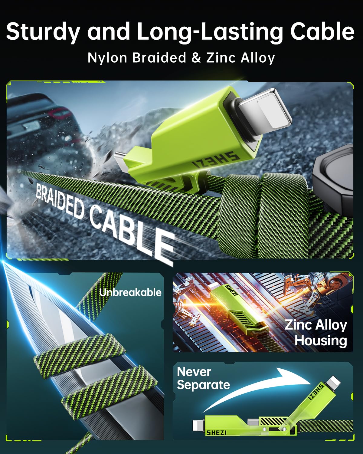 SHEZI [Upgraded 2.0 4-in-1 USB C Cable 60W 5FT Fast Charging [480Mbps Data Transfer] Flat Nylon Braided Charger Cord Combo, USB A/C to C/L Multi Charge Cable for iPhone/iPad & Most Devices, Green