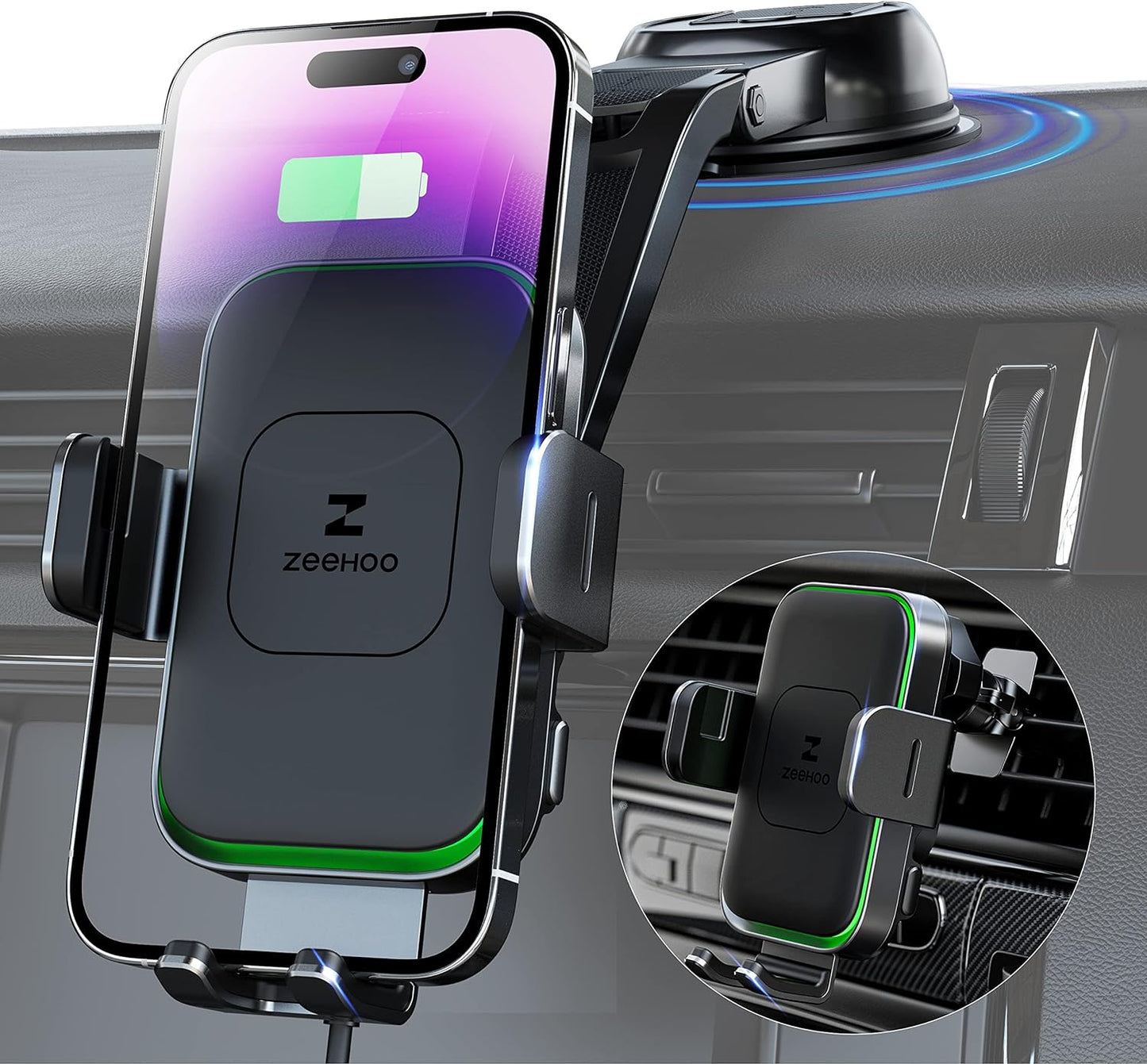 Wireless Car Charger, ZEEHOO DUOXX Dual Coils 15W Fast Charging Auto-Clamping Car Mount, Dashboard, Vent Charging Phone Holder Smart Sensor Cradle for iPhone 15 14 13 12, S23 Ultra, Z Flip4 3, etc