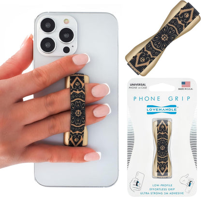 LOVEHANDLE Universal Phone Grip for Smartphones & Mini Tablets - Phone Holder for Hand - Wireless Charging Compatible - Made in The USA - Boho Gold