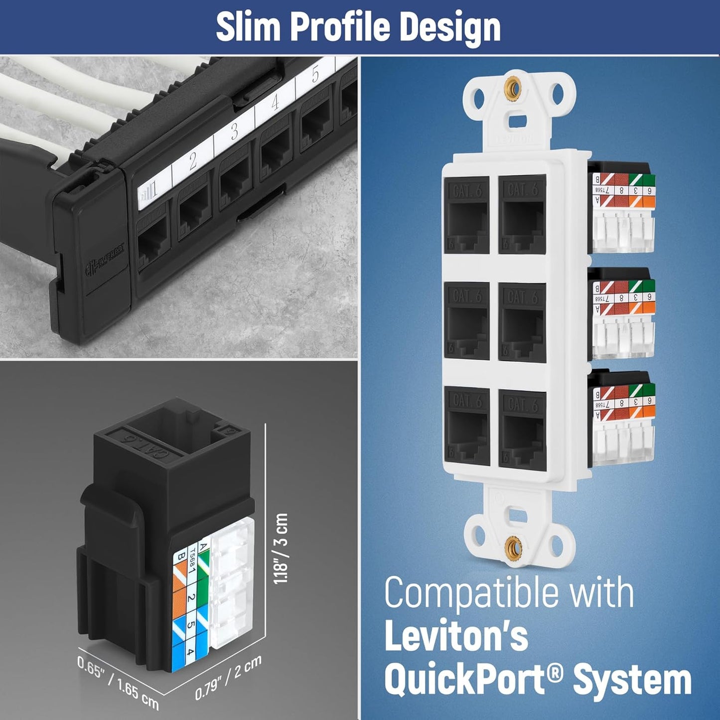 Everest 90° Angled RJ45 Cat6A Keystone Jacks 20-Pack in Black - Slim Profile Female RJ45 Connectors - Cat 6A Keystone Jack - Compatible with 90° Angled Speed Termination Tool - easyJACK (B094WB91H3)