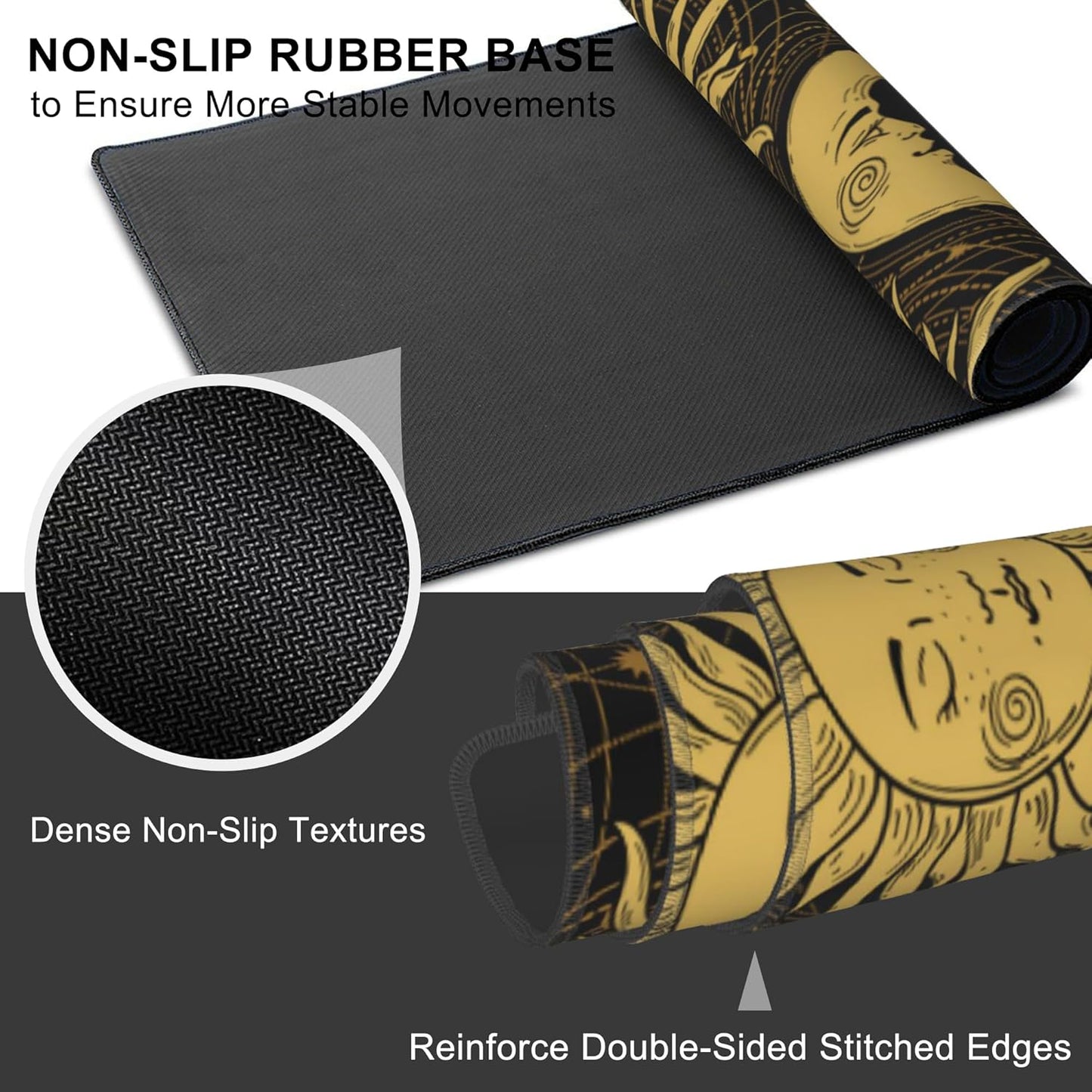 Mouse Pad, Large Golden Sun and Crescent Desk Mat, Extended Non-Slip Gaming Keyboard Mousepad Desk Pad, Thick Stitched Edges Waterproof Mouse Mat 31.5"x15.7" (Sun and Moon)