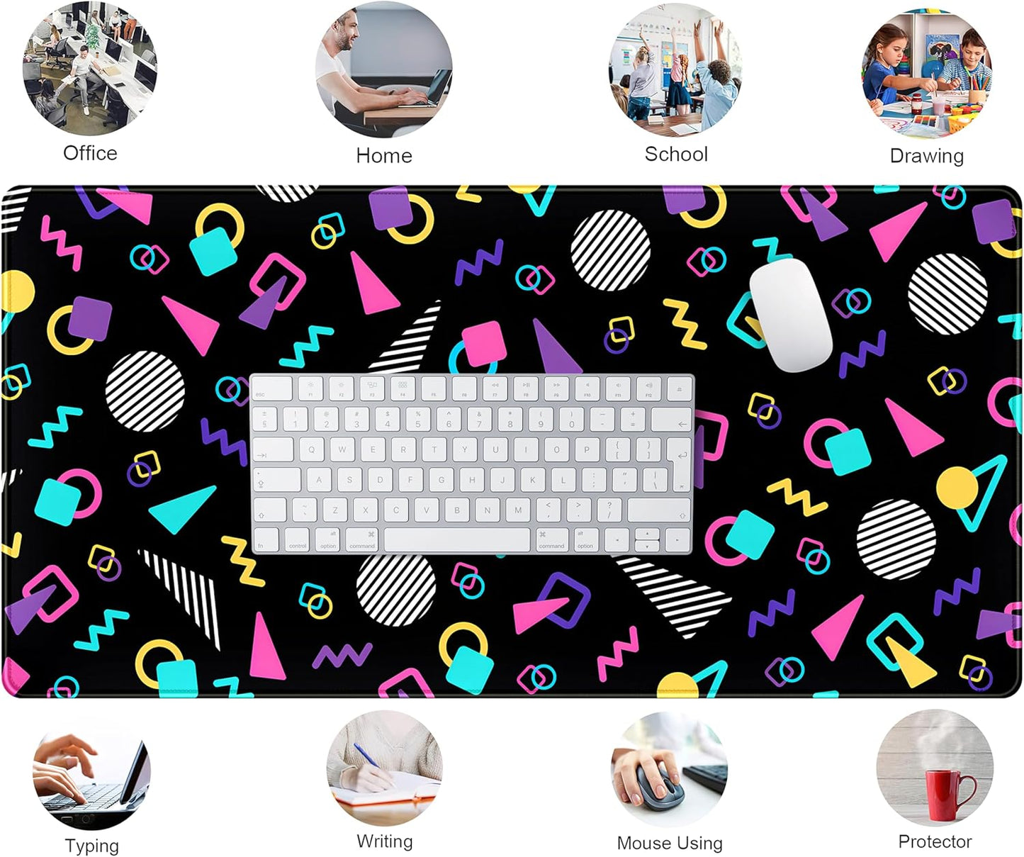 Retro 80s Desk Mat, Cute 90s XXL Large Gaming Mouse Pad, Black Boho Desk Pad with Stitched Edges, Computer Laptop Keyboard and Mouse Mat, Aesthetic Office Decor Non-Slip Mosuepad, 31.5x15.75 in