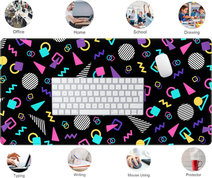 Retro 80s Desk Mat, Cute 90s XXL Large Gaming Mouse Pad, Black Boho Desk Pad with Stitched Edges, Computer Laptop Keyboard and Mouse Mat, Aesthetic Office Decor Non-Slip Mosuepad, 31.5x15.75 in