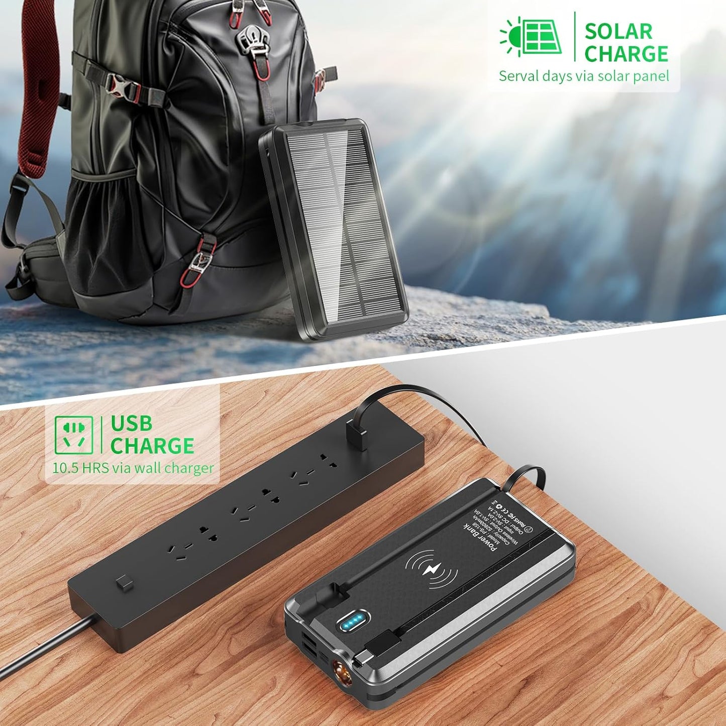 Solar Power Bank Portable Charger 52800mAh 5V/3A Fast Charging Battery Pack with Built in 4 Cables 2 Outputs & LED Flashlight for All Mobile Devices Camping Traver Outdoor
