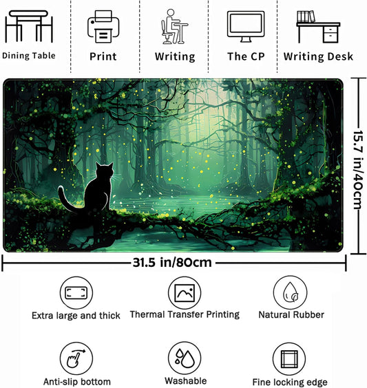 Kawaii Green Forest Desk Pad Mouse Pad Cute Black Cat Desk Mat, XXL Extended Anime Cats Large Gaming Mousepad, Computer Keyboard and Mouse Deskpad Decor Deskmat with Stitched Edges Mat 31.5x15.7 in