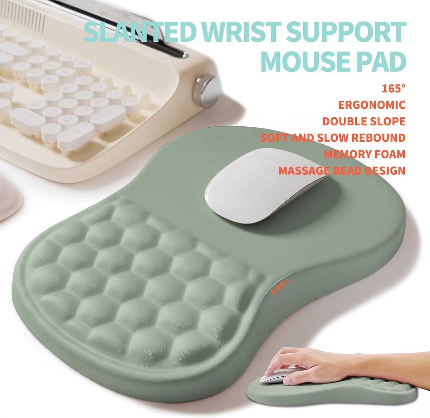 2-in-1 Ergonomic Set, Wave Rise Keyboard Wrist Rest and Massage Bulge Slope Mouse Pad Wrist Support, Cushion Memory Foam Integrated to Relieve Wrist Pain, Light Green