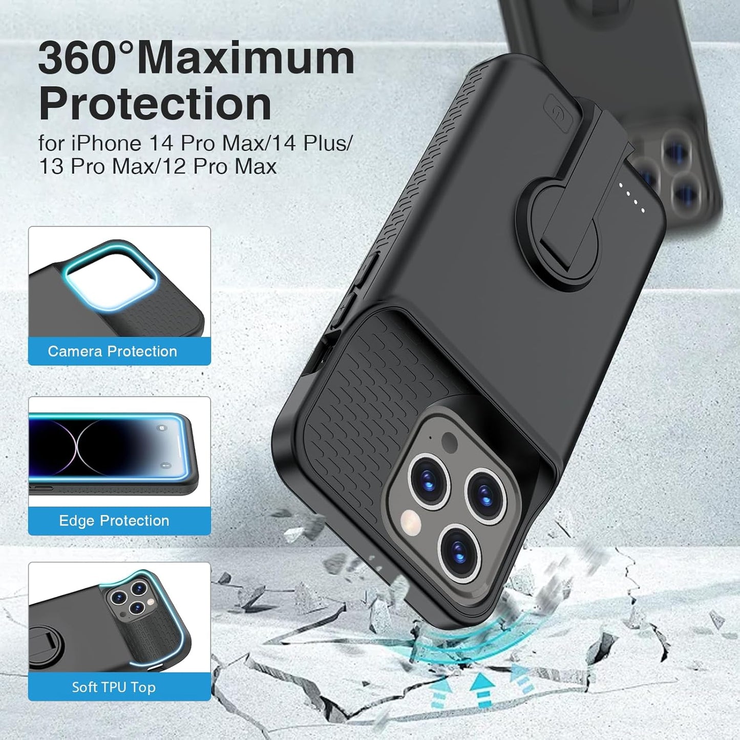 GIN FOXI Battery Case for iPhone 14 Pro Max/14 Plus/13/12 Pro Max, Charging Cases with Stand 8000mAh Portable Extended Case Cover Juice Box for iPhone 14 Pro Max, 14Plus, 13/12Pro Max (6.7”) Black