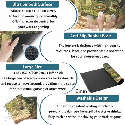 Cute Desk Mat Green Sage Mouse Pad Anime Forest XXL Large Extended Gaming Mousepad Desk Matt for Desktop Computer Pad Mat, Laptop Keyboard Mouse Mat Office Decor Accessories for Women, 31.5x15.7 in