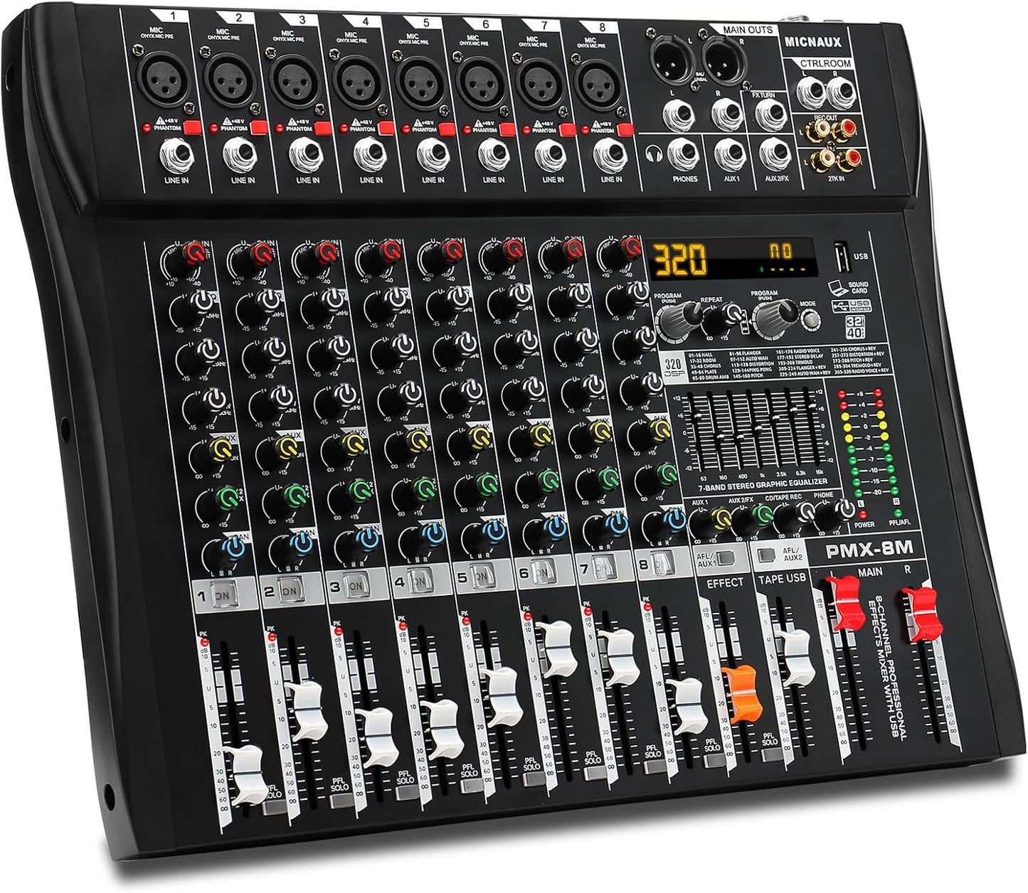 Audio Mixer 8 Channel Professional Mixer Console with 320 DSP Effects, 7-band EQ Sound Mixing Board Digital DJ Mixer w/USB Bluetooth MP3 for Recording, Independent 48V Power & Mute Button