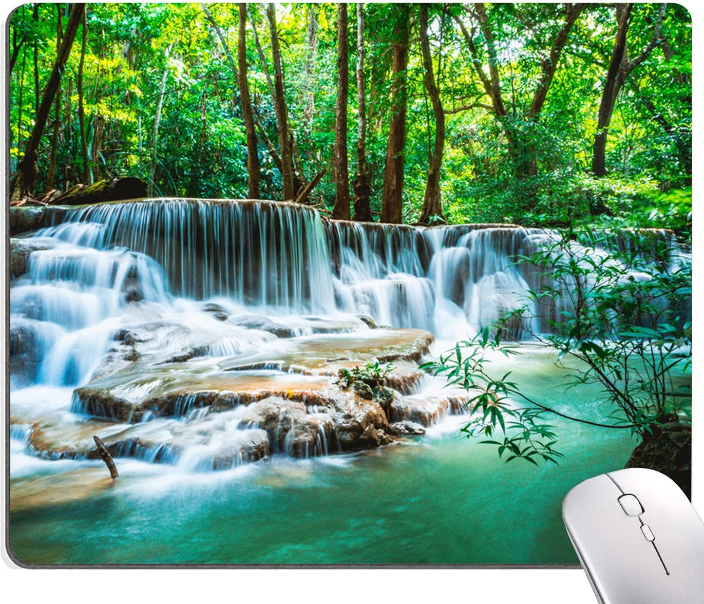 Mouse Pad, Forest Waterfall Natural Scenery Mouse Pad Custom Design, Square Waterproof Mouse Pad Non-Slip Rubber Base MousePads for Office Laptop, 9.5"x7.9"x0.12" Inch(Green Forest Waterfall)