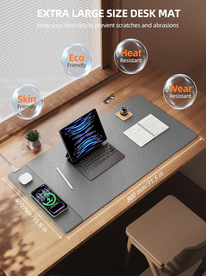 TopMade Mouse Pad with 15W Wireless Charging, XXL Large Leather Desk Mat, Waterproof Gaming Mousepad Home Office Desk Pad Protector, Computer Keyboard Pad, Mouse Mat for for MacBook, PC, Laptop, Gray