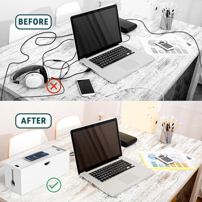 Bamboo Cable Management Box, Large Cord Organizer Box Cable Box to Hide Wires & Power Strips for Desktop Storage Cord Holder for Office Home,No Assembley Required (All White, Large)