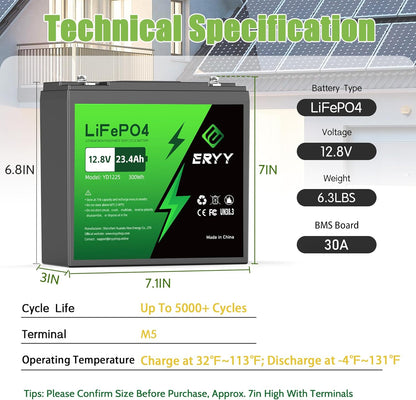 12V 23.4Ah(30A BMS) LiFePO4 Lithium Deep Cycle Battery With 30A BMS & Voltage Indicator, 12 Volt Battery Lithium Iron Phosphate for Fish Finder, Ham Radio, Solar, Scooters, Power Wheels, RV, Camp