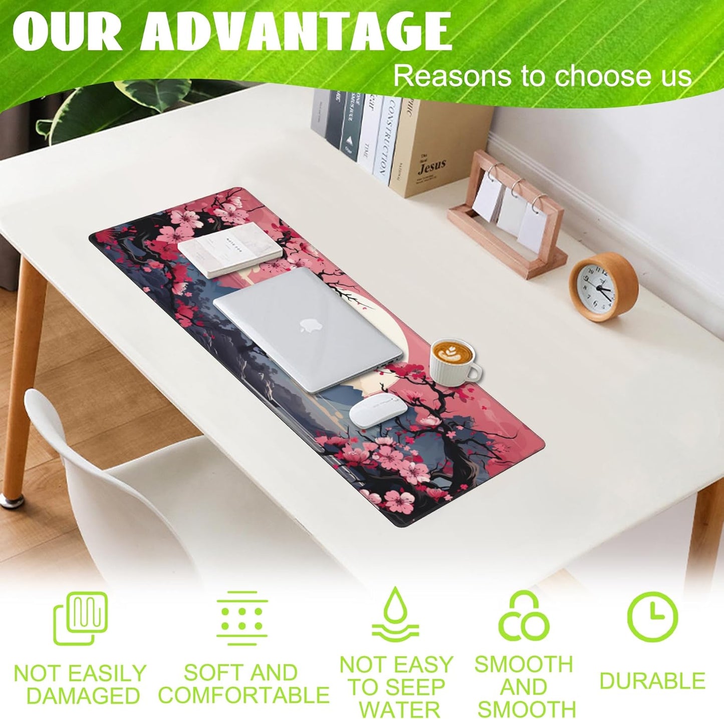 Pink Cherry Blossom Tree Desk Pad, Mountains and Sun Large Gaming Mouse Mat, Extended Big Computer Keyboard Pad With Non-Slip Base and Stitched Edge, 31.5"x11.8"