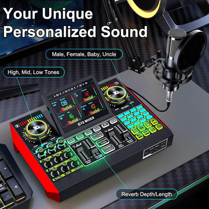 Podcast Equipment Bundle with 3.5mm Condenser Microphone for Pc/Phone Live Streaming Singing Gaming, Podcast Microphone Bundle with Live Sound Board Audio Mixer,Voice Changer, Denoise,DJ Sets