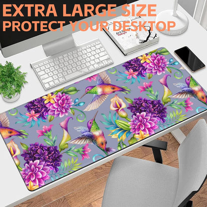 Mouse Pad Large Humming Bird and Flowers Non-Slip Gaming Desk Mat with Stitched Edge Laptop Keyboard Desk Pad for Work Home Gaming (35.4 x 15.7 Inches)