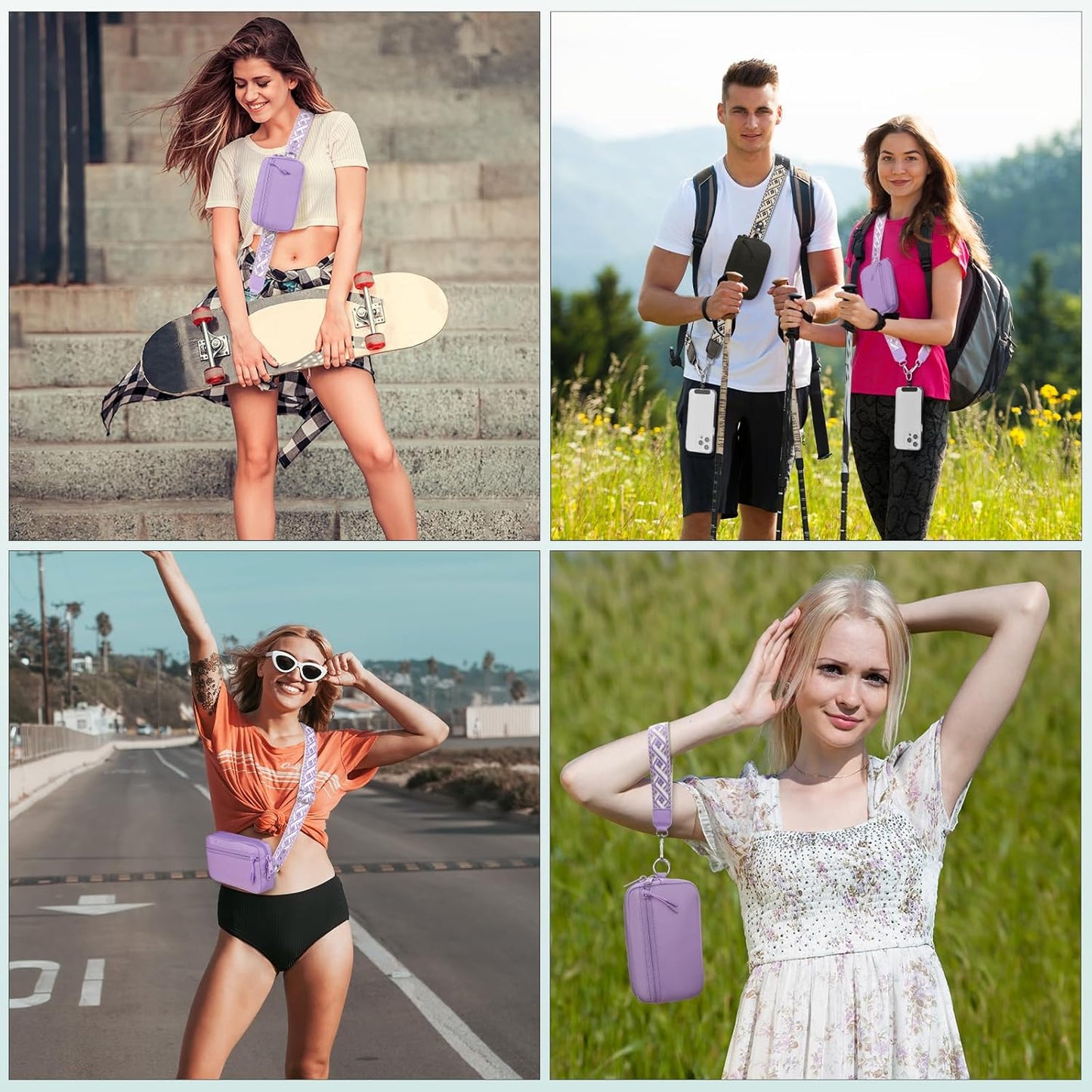 Clip and Go Strap for Phone with Wallet Crossbody, Adjustable Phone Lanyard with Detachable RFID Wristlet Wallet, Pattern Strap - Purple (L)