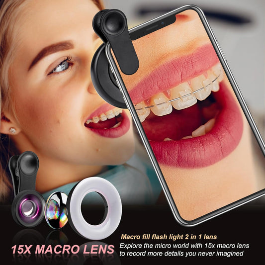 Macro Lens for iPhone and Android with Mini Clip Ring Light, Portable Rechargeable Dimming, for Smart Phone Photography, Camera Video Recording, VLOG