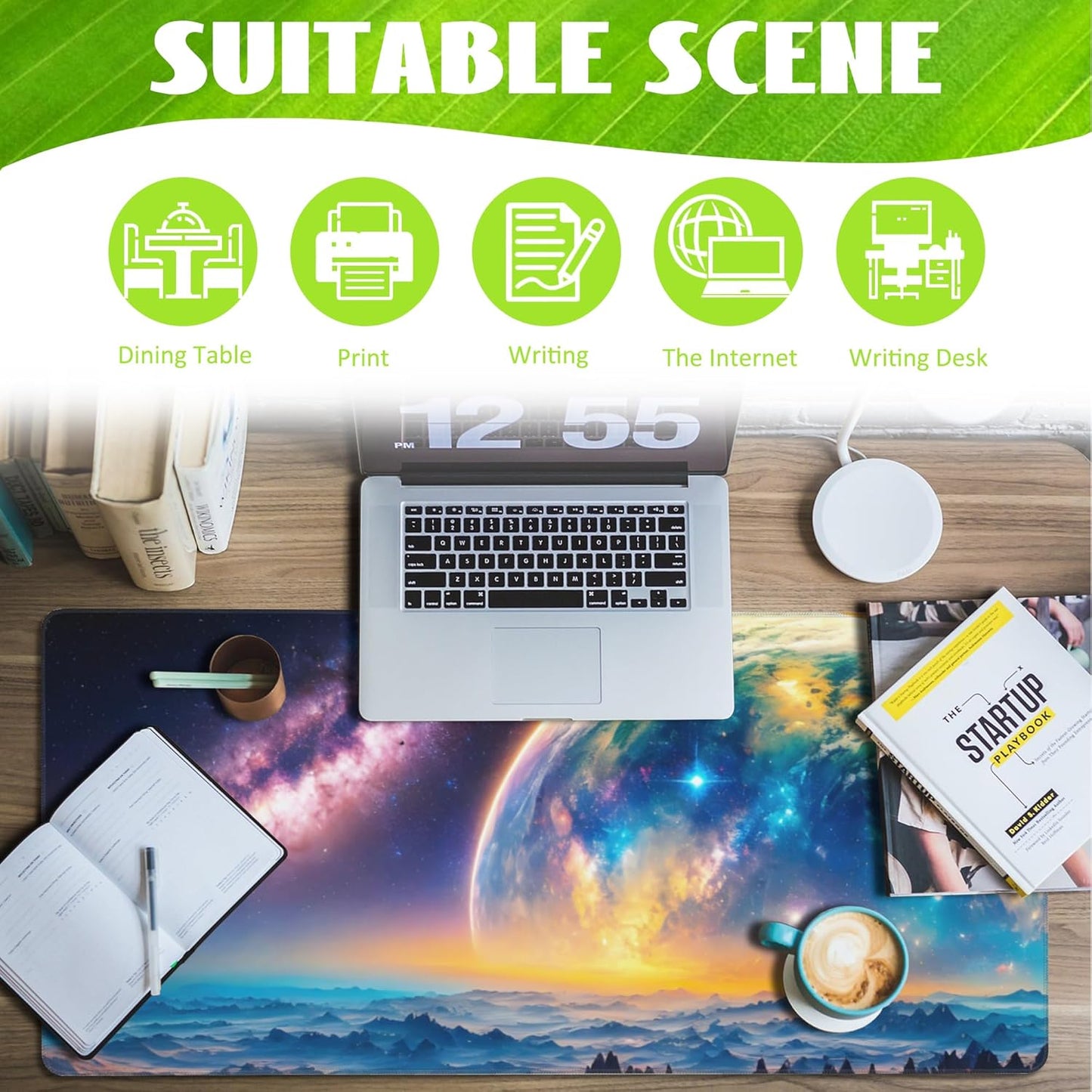 Desk Mat,Galaxy Earth Planet Desk Pad,Science Fiction Cosmic Large Gaming Mouse Pad for Desk,Extended Big Computer Keyboard Mouse Pad with Non-Slip Base and Stitched Edge,35.4"x15.7"