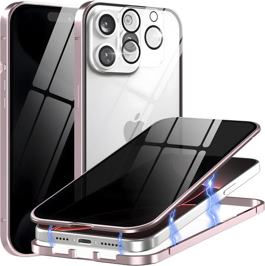 Privacy Magnetic Case for iPhone 16 Pro Max with Metal Titanium Frame Privacy Screen Protector & Camera Lens Protector, Magnetic Adsorption Double Sided Glass Case Anti Peep Anti Spy Phone Cover