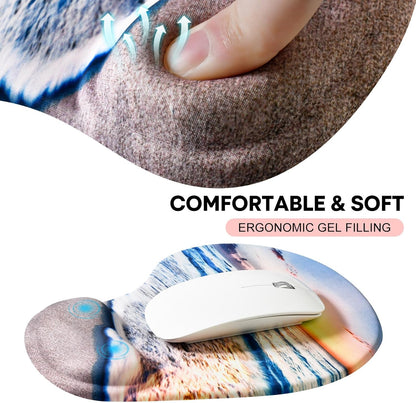 JIKIOU Mouse Pad, 2 Pack Ergonomic Mouse Pads with Comfortable Gel Wrist Rest Support and Smooth Cloth, Non-Slip PU Base for Easy Typing Pain Relief Durable and Easy to Clean Small Beach