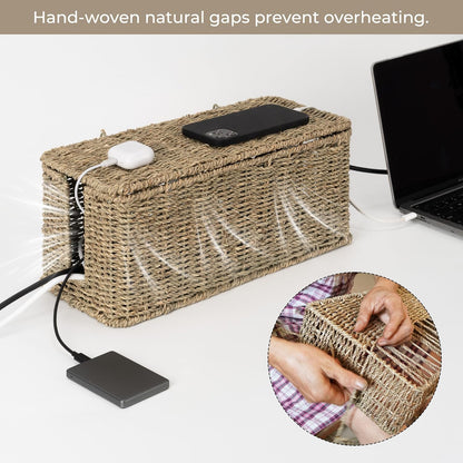 StorageWorks Large Cable Management Box, 2 Slots Wicker Cable Organizer to Hide Cords and Power Strip, Seagrass Cord Hider Box for Home & Office