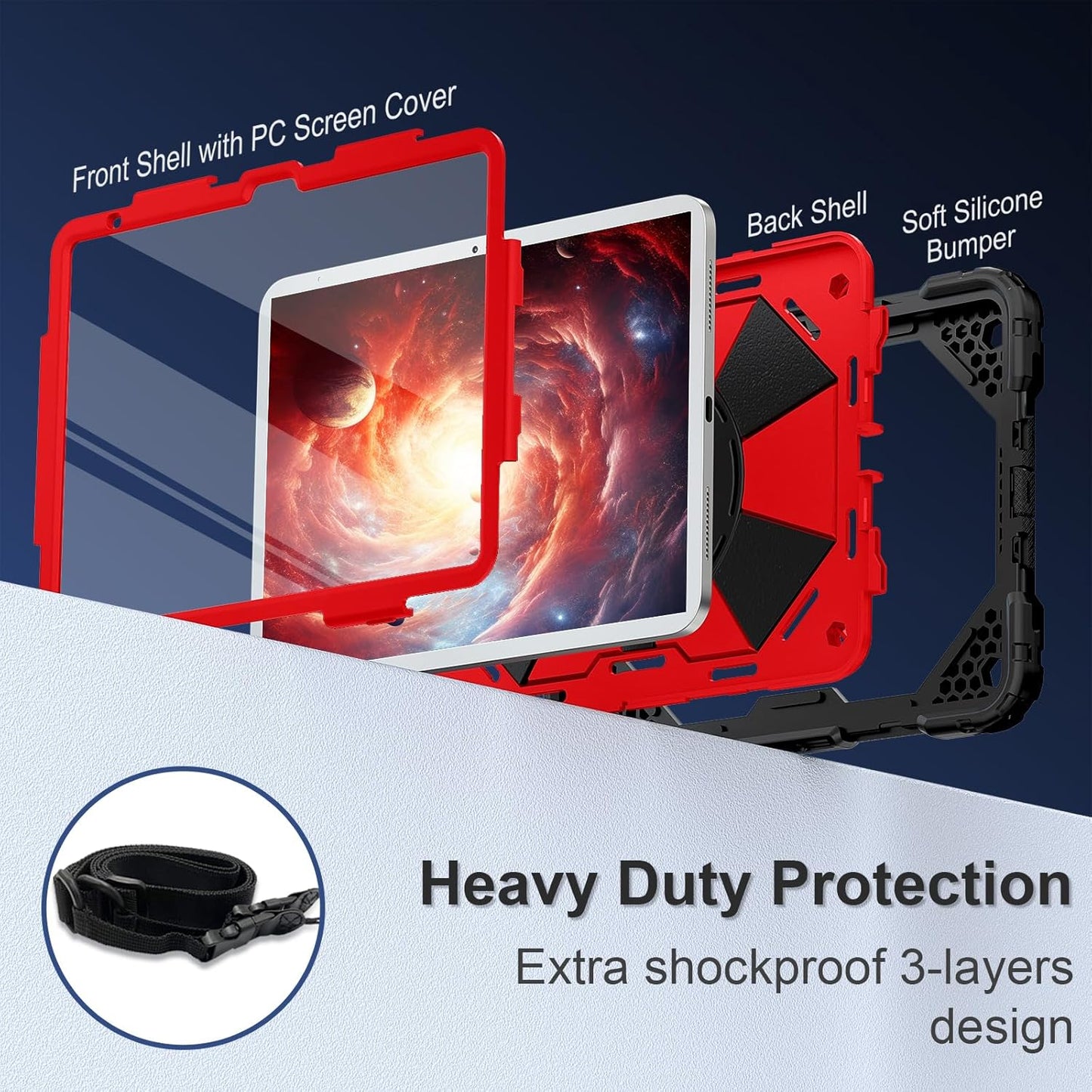 Case for iPad 10th Generation 10.9 Inch (2022), iPad (A16) 11th Generation 11 Inch (2025), Rugged i Pad Case 10th Gen with 360°Rotating Stand Screen Protector Pen Holder Shoulder Strap, Red