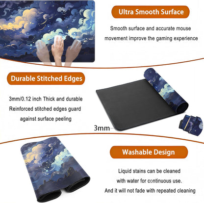 Blue Clouds Desk Mat Large XXL Gaming Mouse Pad Non-Slip Rubber Base Mousepad, Cool Office Desktop Decor Desk Pad, Computer Laptop Keyboard and Mouse Mat with Stitched Edges, 31.5x15.75 in