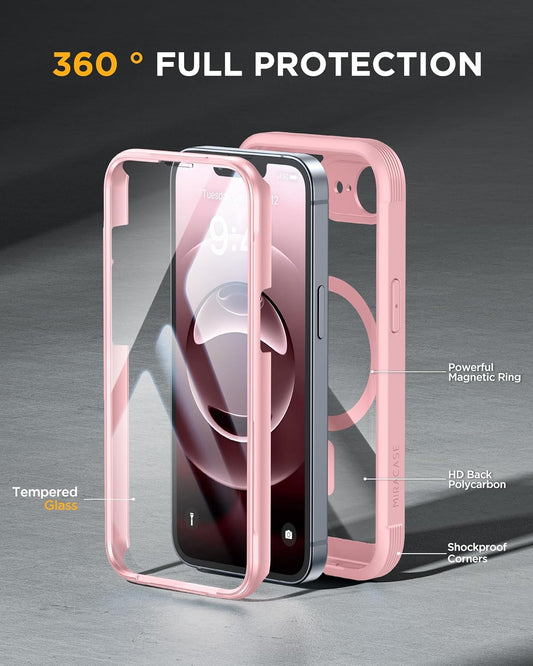 Miracase Magnetic for iPhone 16e Case Full-Body Phone with Built-in Glass Screen Protector, [Compatible with MagSafe] Military Drop Proof 16E Cover Bumper 6.1 inch, Pink