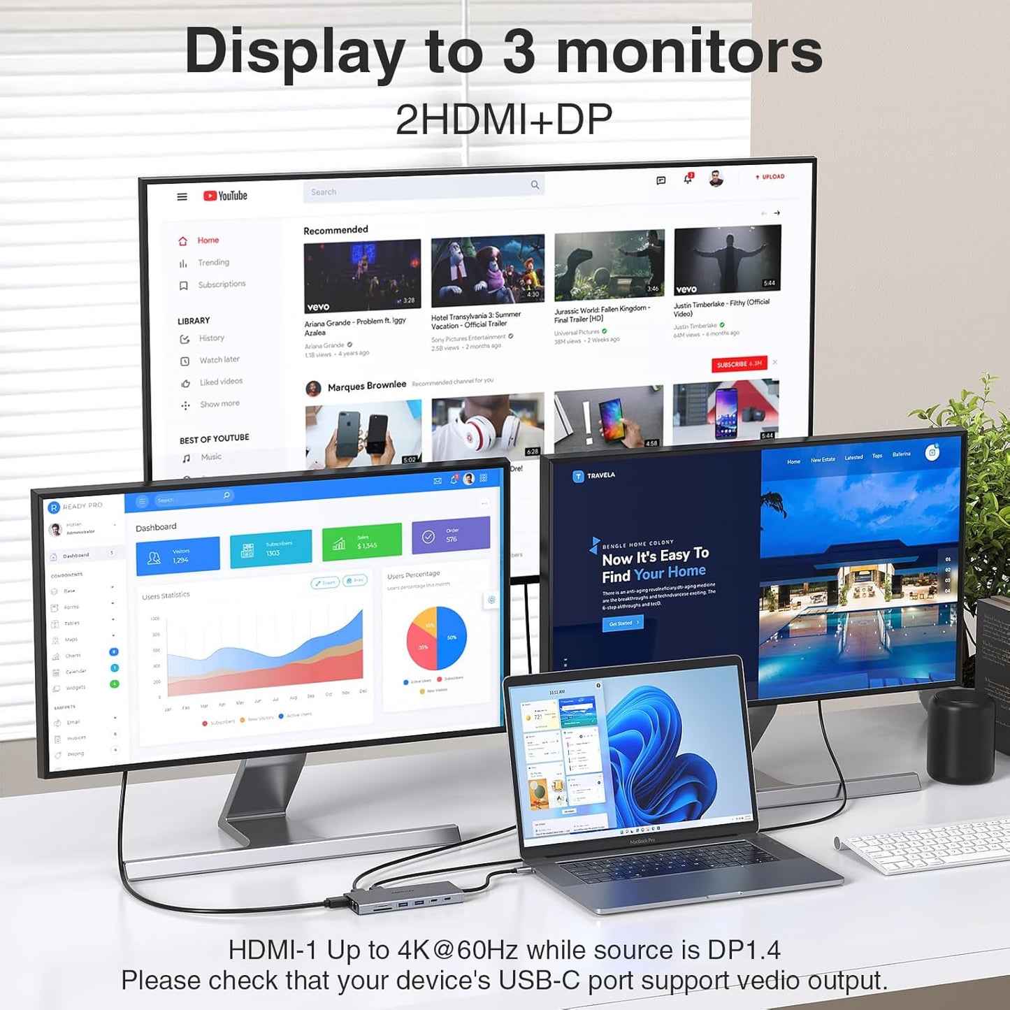 USB C Hub USB-C Docking Station Dual Monitor 14 in 1 Triple Display Multiport Adapter with 2 HDMI+DP+7 USB Type C/A Ports+Ethernet+Audio, USBC Dongle for Dell/HP/Lenovo ThinkPad/Surface(Grey)