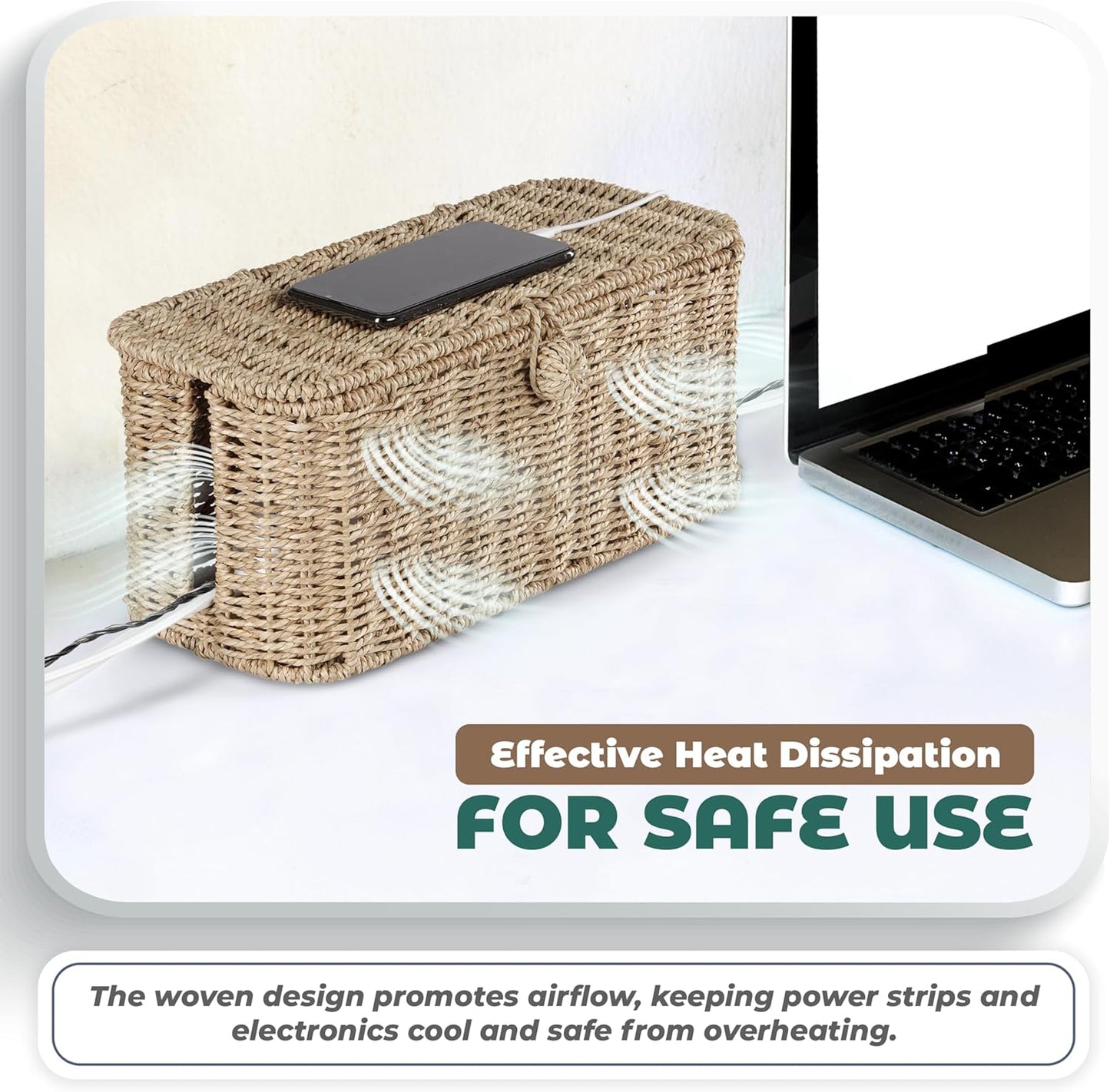 BLUEWEST Large Cable Management Box, Natural Rattan Cable Cord Organizer Boxes for Power Strip – 2 Open Slots Cords Hider Box for TV Wires, Computer, Router, USB Hub and Under Desk Power Strip