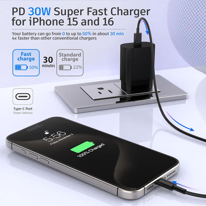 Phone 15 16 Charger, 30W Super Fast Charging, USB C Block Type C Cable Cord [ 6.6ft+10ft ] for iPhone iPhone 16,16 Plus,16 Pro,16 Pro Max, iPhone15, iPad Pro 12.9/11, Galaxy S24,S23,S22,S21-2Pack