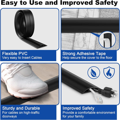 4ft Cord Hider Floor, Heavy Duty Cord Covers for Wires on Floor, Black Floor Cable Management, Hide Cord Cover Floor, Electrical Cable Hider Cord Protector Floor, Cable Cavity: 0.78" W x 0.32" H