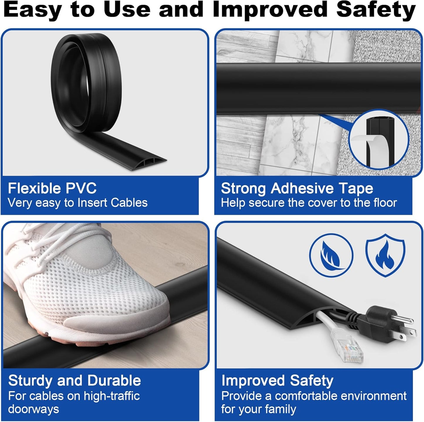 6ft Heavy Duty Cord Hider for Floor, Black Cable Management Cover, Hide Electrical Wires, Protector With 0.78" W x 0.32" H Cable Cavity