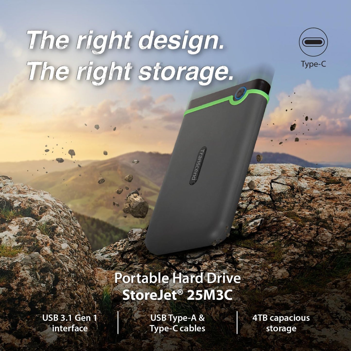 Transcend 4TB SJ25M3C, USB 3.1 Portable Hard Drive Rugged, Anti-Shock Resistant, Compact and Lightweight with Lightning-Fast Speeds, One Touch Backup Button, Type C, Iron Grey - TS4TSJ25M3C
