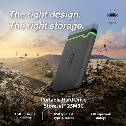Transcend 4TB SJ25M3C, USB 3.1 Portable Hard Drive Rugged, Anti-Shock Resistant, Compact and Lightweight with Lightning-Fast Speeds, One Touch Backup Button, Type C, Iron Grey - TS4TSJ25M3C