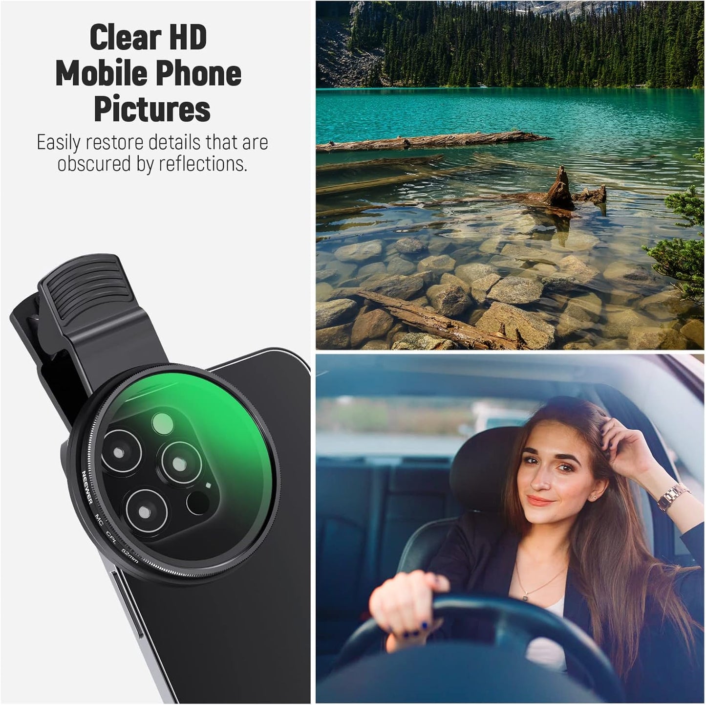 NEEWER 52mm CPL Filter for Phone, Clip On Circular Polarizing Lens Filter with Phone Clip, Storage Case & Cleaning Cloth, Compatible with iPhone Samsung Galaxy Android DSLR Camera, FL-26