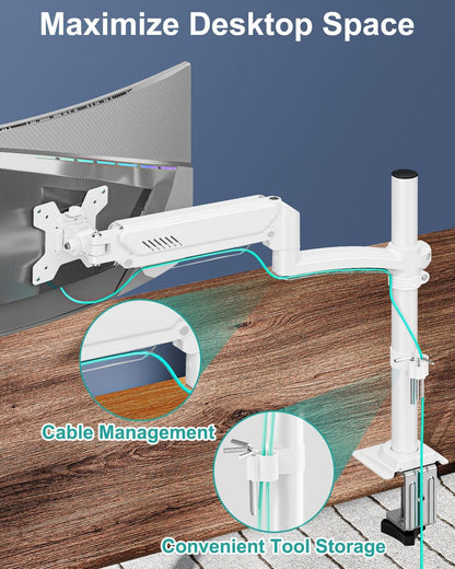 Single Monitor Mount Arm, VESA Desk Mount Stand for 13-32 inch Computer Screen up to 22 lbs, Adjustable Height Tall Monitor Arm with Tilt Swivel Rotation, VESA 75 100mm, White, Freelift