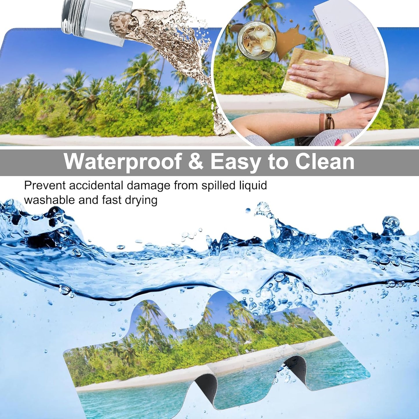 Tropical Nature Landscape Desk Mat,Large Summer Beach Seawater and Palm Trees Gaming Keyboard Mouse Pad,Non-Slip Rubber Base Desk Pad Thick Stitched Edges Waterproof Mousepad Mouse Mat 31.5"x11.8"