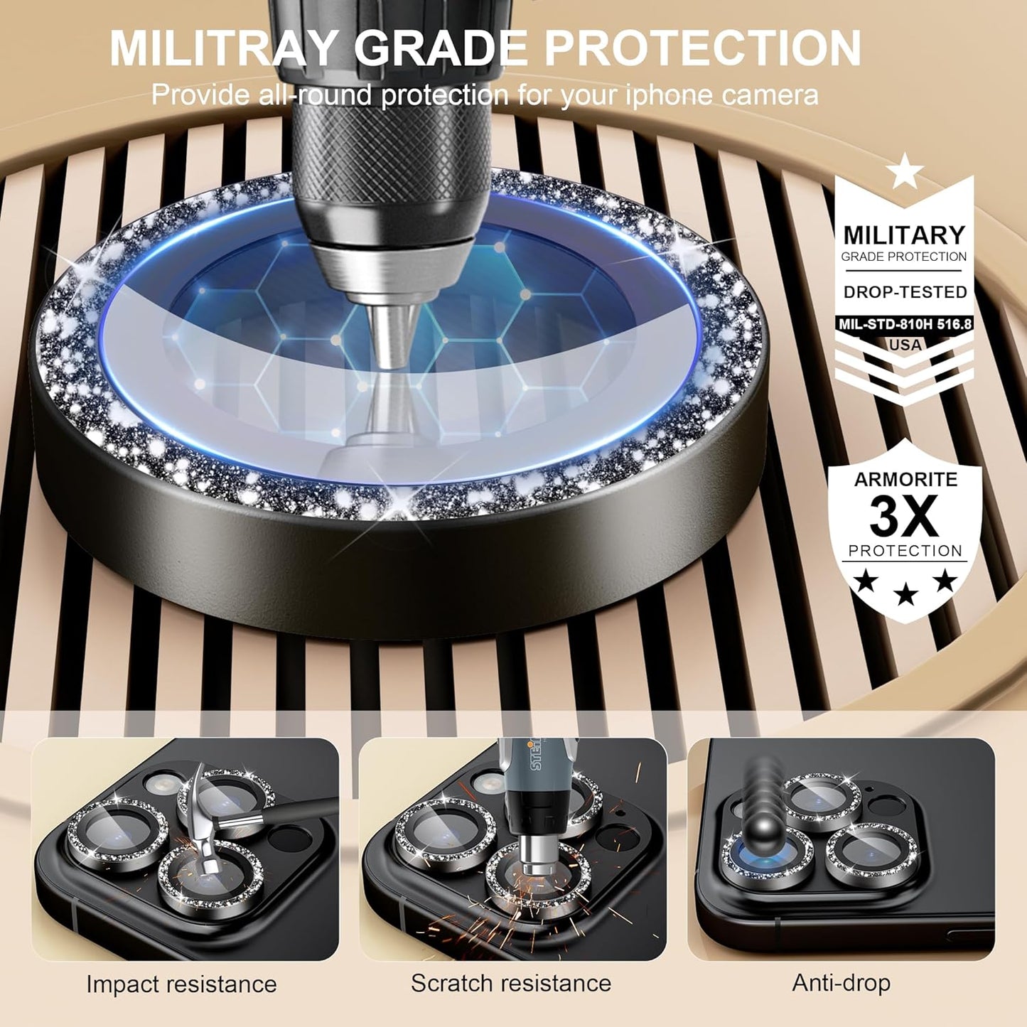 beuxece Compatible for iPhone 16 Pro/iPhone 16 Pro Max Camera Lens Protector, Bling Metal Tempered Glass Camera Screen Cover Accessories [Strong Adsorption][Case-Friendly]- Glitter Titanium Black