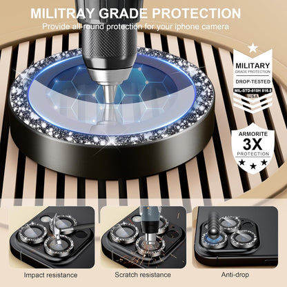 beuxece Compatible for iPhone 16 Pro/iPhone 16 Pro Max Camera Lens Protector, Bling Metal Tempered Glass Camera Screen Cover Accessories [Strong Adsorption][Case-Friendly]- Glitter Titanium Black