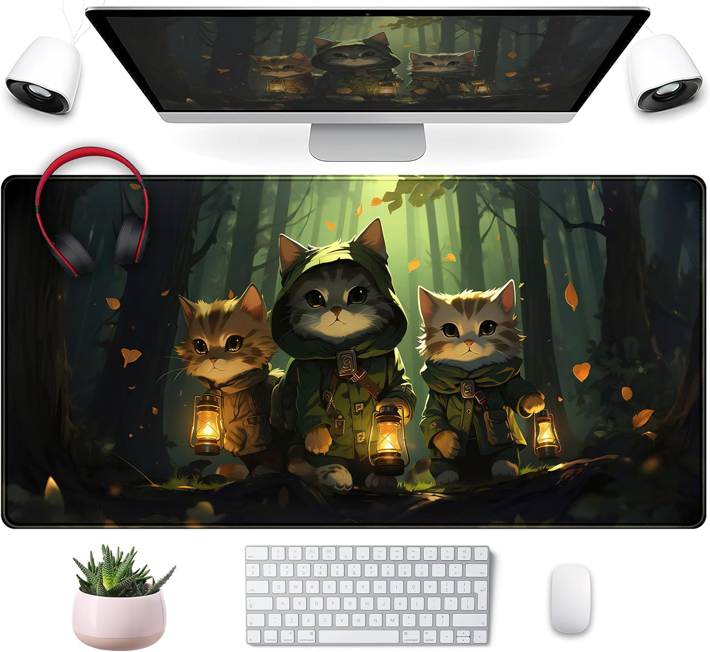 Forest Cats Desk Mat Anime Cat Desk Pad Cute, Kawaii Green Mouse Pad XXL, Large Extended Gaming Mousepad Keyboard Mouse Mat with Stitched Edges, Home Office Decor Pad for Women Girl 31.5x15.75 in