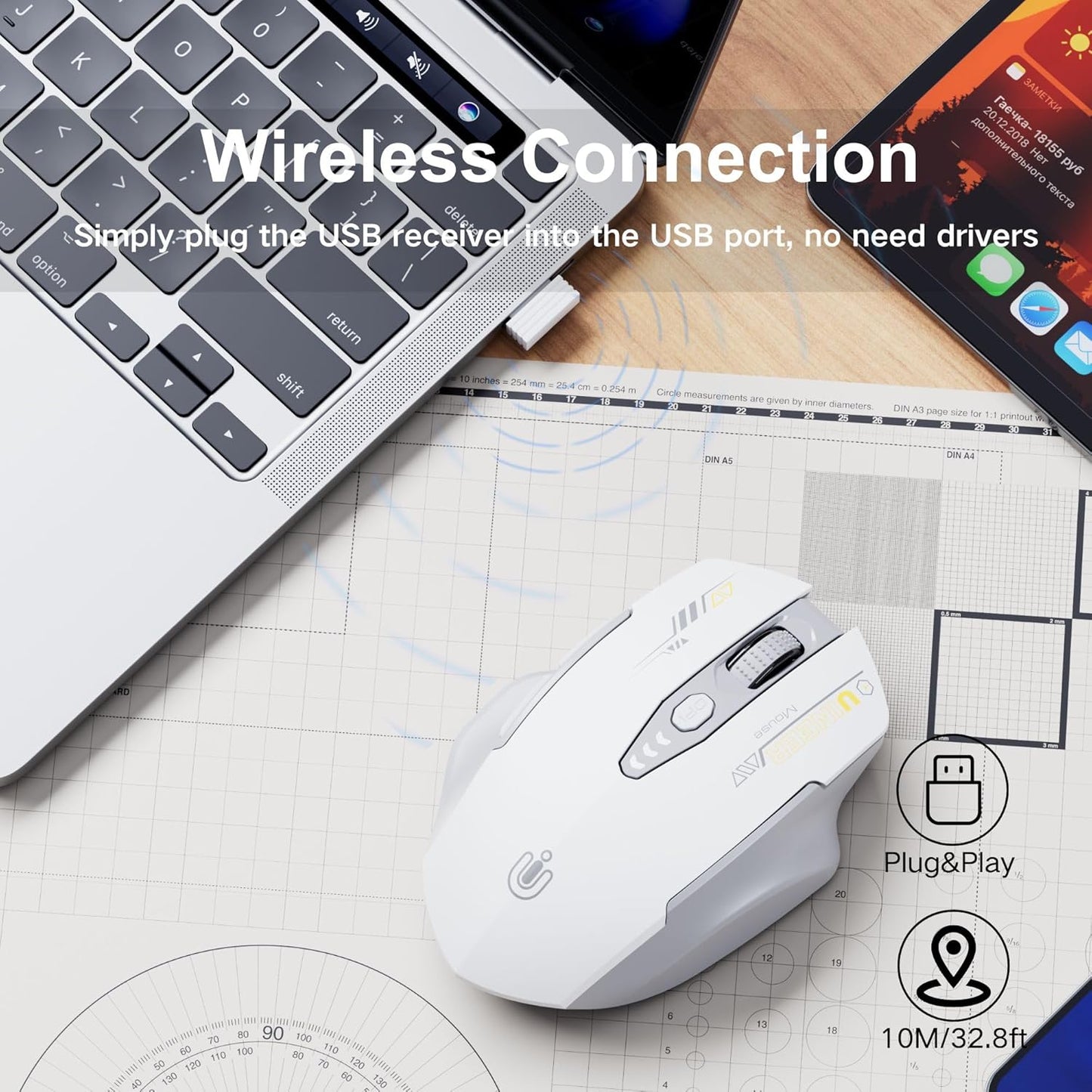 Wireless Mouse,[Upgraded] Rechargeable 2.4GHz (Battery Level Visible) Ergonomic Computer Mouse,4 Levels DPI, Wireless Mice for Laptop PC Computer(Grey and White)