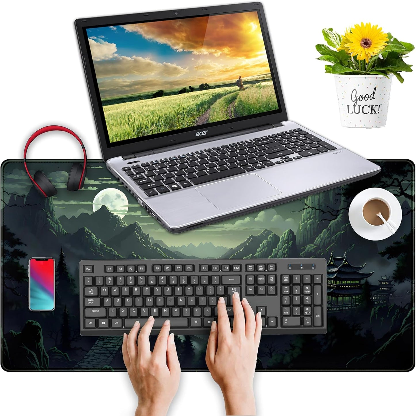 XXL Large Gaming Mouse Pad Anime Green Moon Mountains Desk Mat, Desk Decor Mousepad Computer Mat, Non-Slip Rubber Base Desk Pad, Laptop Keyboard and Mouse Mat with Stitched Edges, 31.5x15.75 in