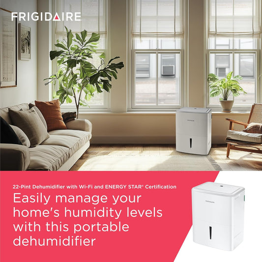 Frigidaire 22-Pint Portable Dehumidifier with Wi-Fi and Energy Star Certification for Small/Medium Rooms, Bedrooms & Bathrooms, Custom Humidity Control, Auto Shut Off, White