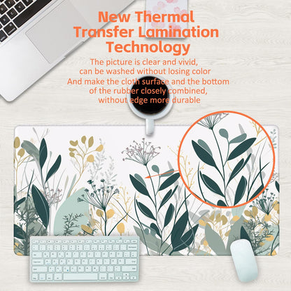 Desk Mat, Green Gold Plant Leaves Desk Pad, Wildflowers Large Gaming Mouse Pad for Desk, 31.5"x15.7" Extended Big Computer Keyboard Mouse Pad with Non-Slip Base and Stitched Edge